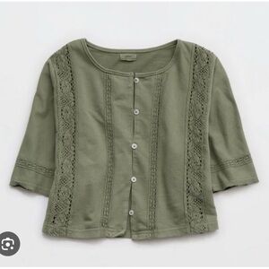 aerie Olive Green Button-Up Crochet Trim Top